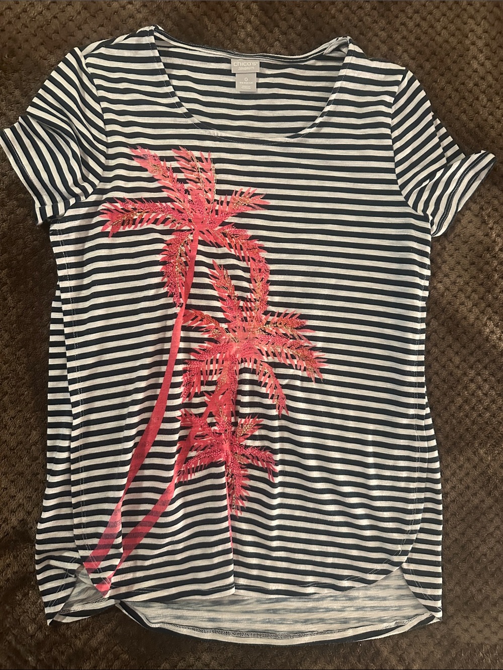 Chico's Navy & White Striped Tee with Pink Palm Tree Print